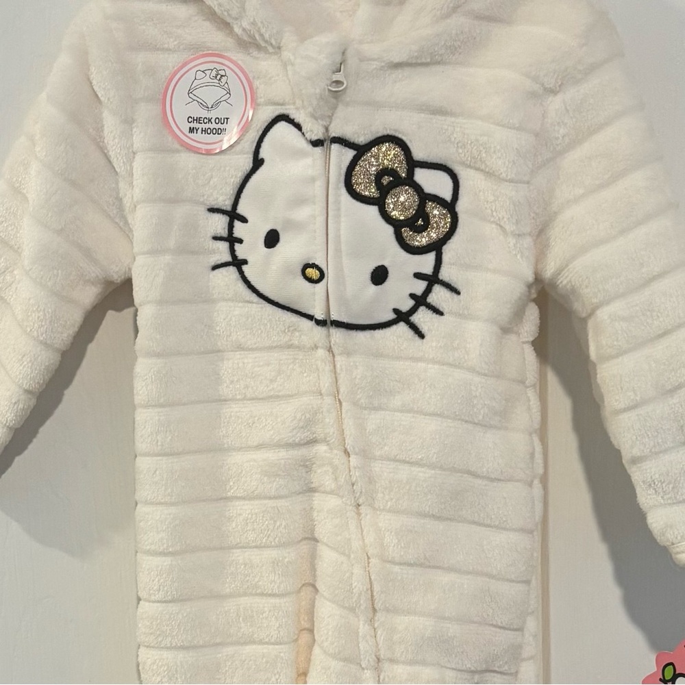 Hello Kitty Sanrio Baby Long Sleeve Cream Soft Footie with Hood Bow Size 9M NEW‎